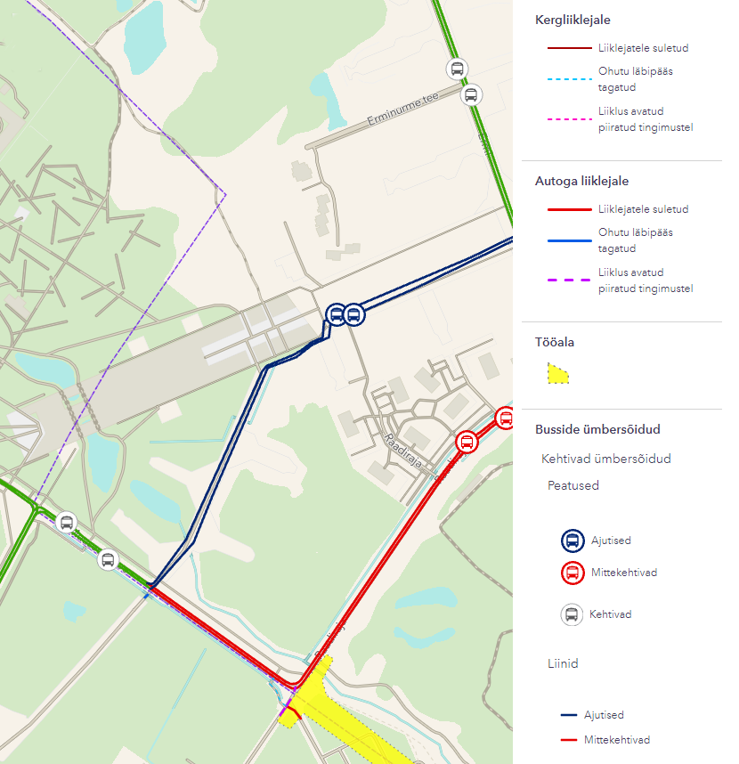 Kaart liikluskorralduse muudatustega ERMi ümbruses